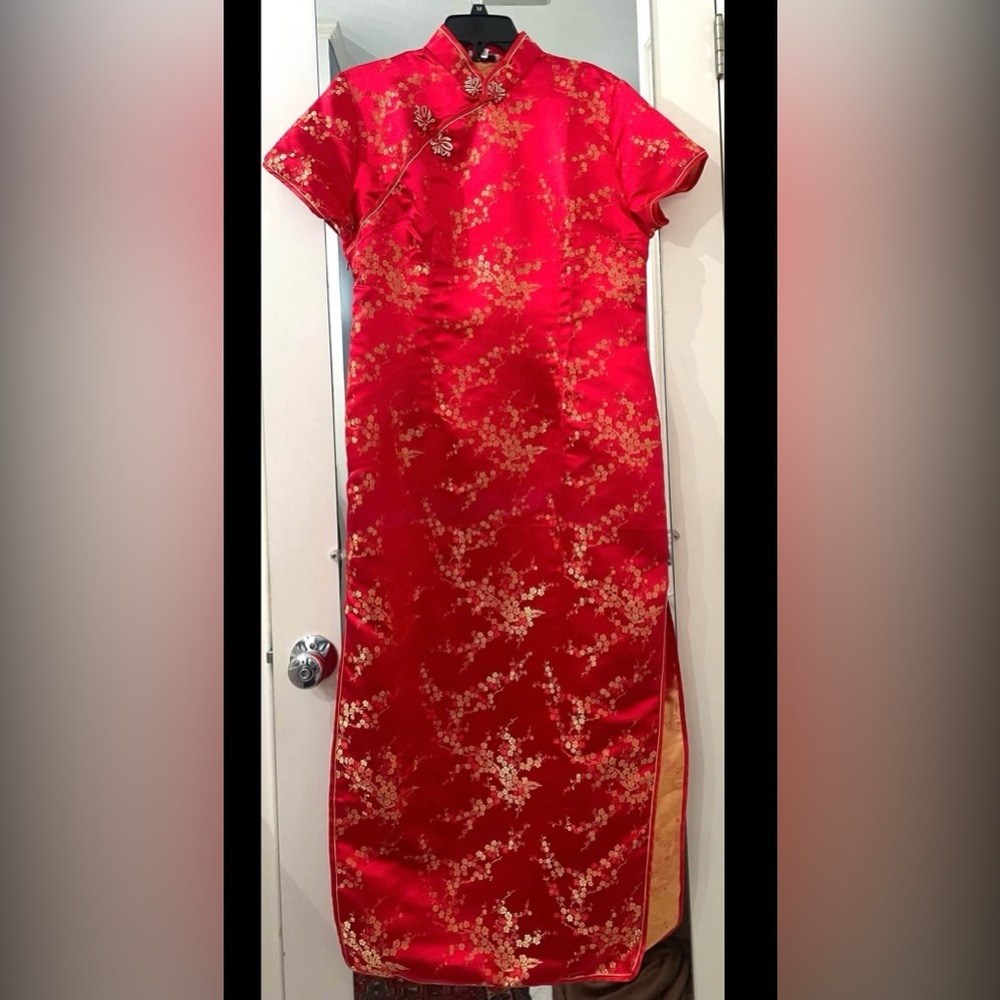 Red Floral Satin Cheongsam Dress